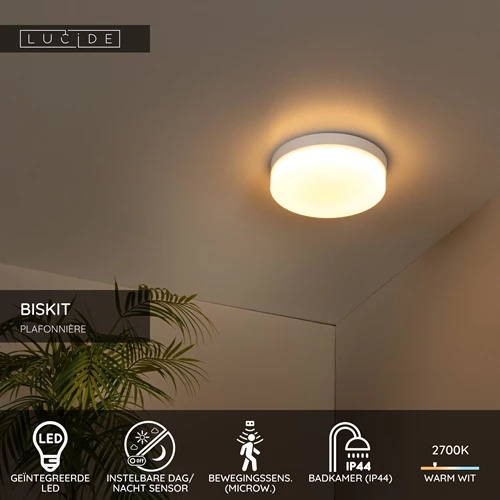 Lucide BISKIT - Plafonnière Badkamer - Ø 23 cm - LED - 1x12W 2700K - IP44 - Bewegingssensor - Wit - USP